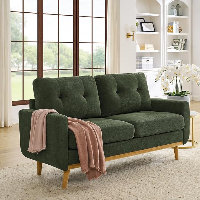 65 W Green Loveseat Sofa Mid Century Modern Love Seat Couches for Living Room Button Tufted Upholstered Small Couch for Bedroom Wood Legs and Easy to Install Love Seats Furniture (Dark Green)