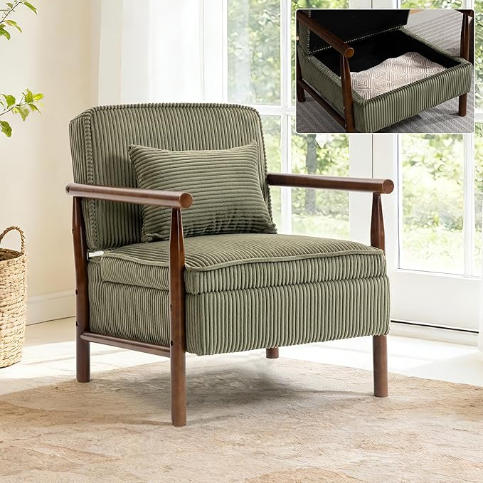 Accent Chair Comfy Modern Mid-Century Accent Chairs with Storage Corduroy Upholstered Lounge Armchair with Solid Wood Reading Side Single Sofa for Living Room/Office/Balcony/Bedroom-Green