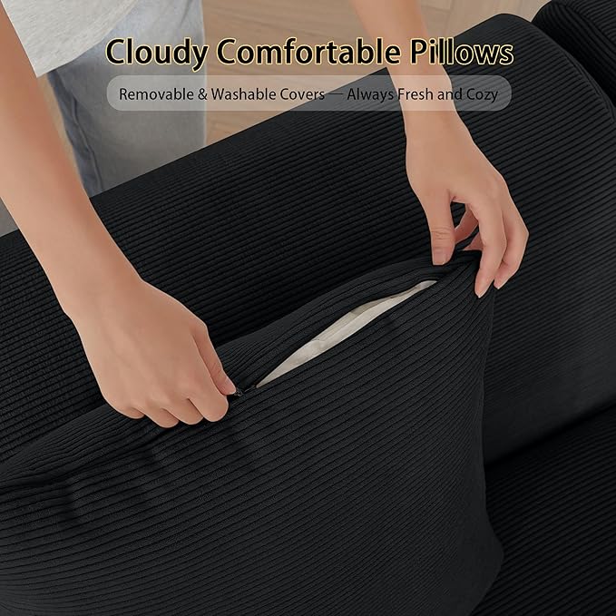 110 Cloud Sectional Couches for Living Room Modern Modular L-Shape Sofa Couch with Chaise 3 Seater Modular Sectional SofaNo Assembly Required (114Black)