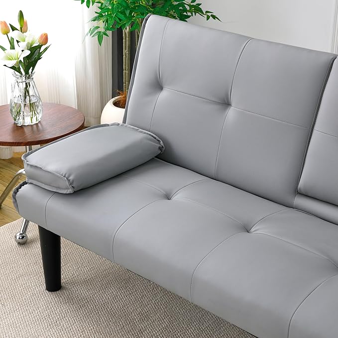 KEIKI 3 in 1 Convertible Sleeper Sofa Bed with Cup Holder Futon Sofa for Living Room Dorm or Home Office Light Gray