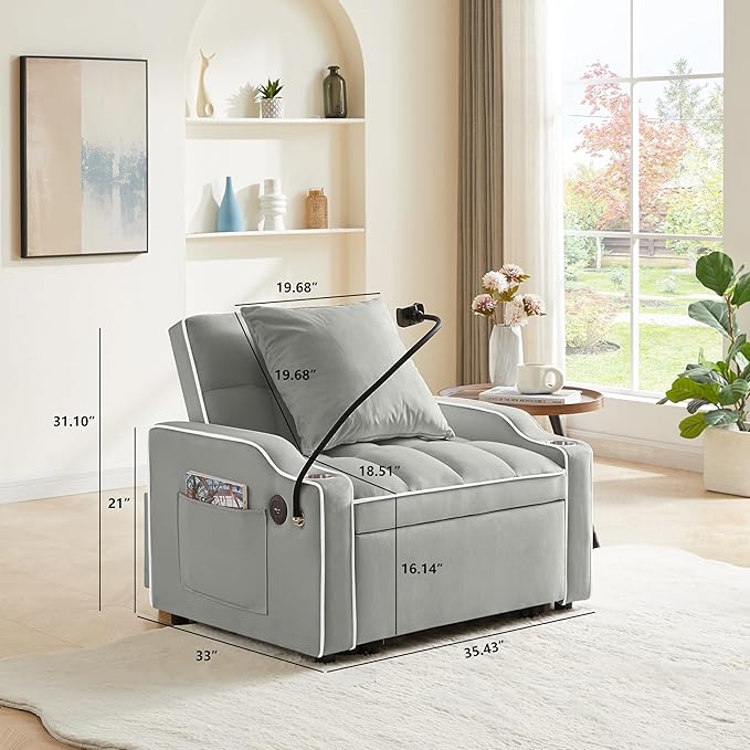 3 in 1 Convertible Sleeper Sofa Bed with Phone Holder 35'' Pull Out Sofa Bed Recliner with Adjustable Backrest Velvet Fabric Sleeper Couch Single Modern Chair for Small Space &amp RV Gray