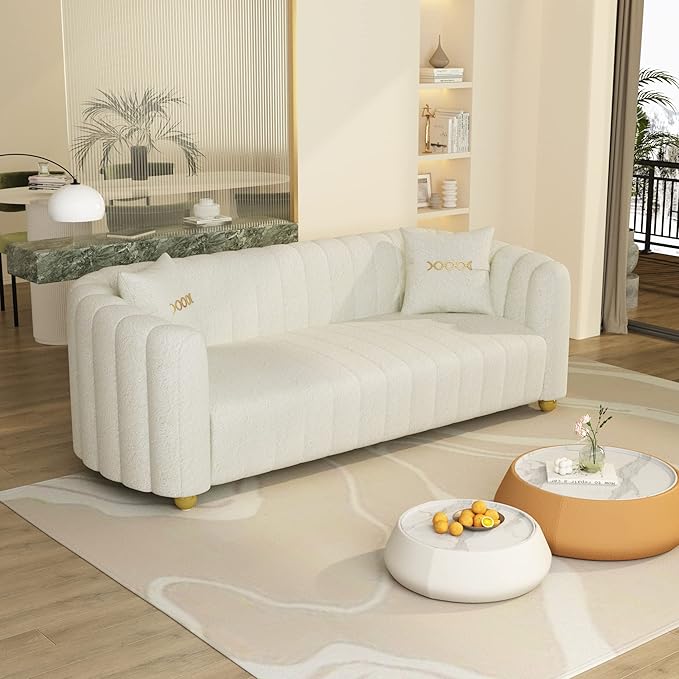 Modern Teddy Cream White Couch for Living Room 83.46 Curved Sofa with Gold Metal Sphere Legs 3 Seater Cute Couch (Teddy Cream White)