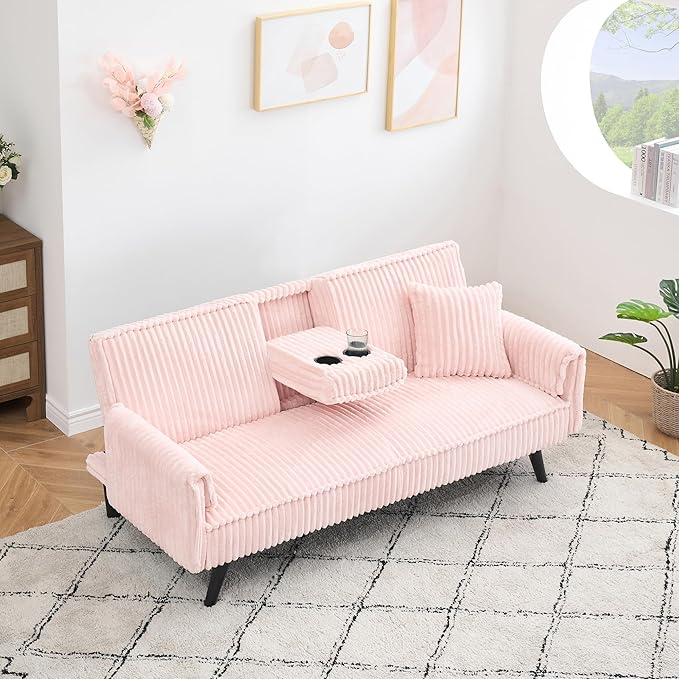 72 Modern Corduroy Sofa Bed FutonConvertible Sleeper Couch Bed with Cup Holder4 Reclining PositionsFolding Sofa Cloud Loveseat for Small Living Room Apartment Office (Pink-New)