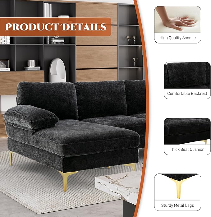 112 Cloud Sectional Sofa with Extra Deep SeatU Shaped Sectional Couches for Living Room4 Seater Chenille Sofas &amp CouchesModern Apartment Couch with Double Chaise Lounge (Black)