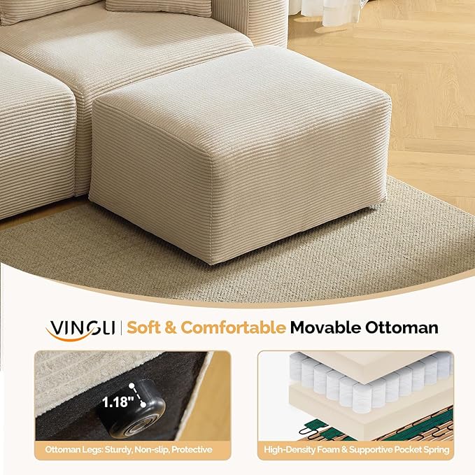 VINGLI Movable Ottoman for Corduroy Cloud Sectional Couches Cream