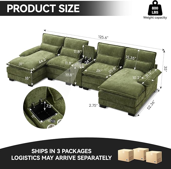 125 U Shaped Cloud Modular Sectional Couch for Living Room Small Comfy Chenille Sofa with Double Chaise Lounge Storage Central Console Cup Holders USB PortGreen