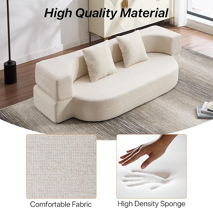 Folding Sofa Bed Convertible Futon Sleeper Bed 2-in-1 Foldable Floor Mattress with 2 Pillows Breathable High-Density Foam Lazy Couch Comfy Lounge Chair Twin Size Beige