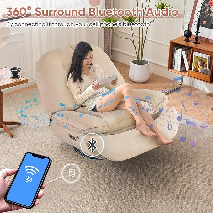 Smart Oversized Electric Recliner Chair 360° Round Swivel Rocking Glider Rocker for Adults Modern Comfy Ergonomic Chaise Lounge Indoor Theater Seating Living Room Chairs Reading Soft Camel Fabric