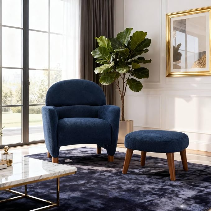 Modern Barrel Chair with Ottoman Upholstered Armchair with Wooden Legs Backrest Single Sofa Soft Cushion Seating Comfy Lounge Chair for Living RoomBedroomReading Corner (Blue)