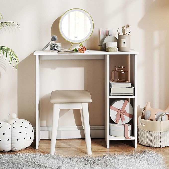 White Computer Desk Modern Writing Desk with Storage Shelves Compact Gaming Table Wood Home Office Desks Small Desk for Bedroom Living Room Study (White)