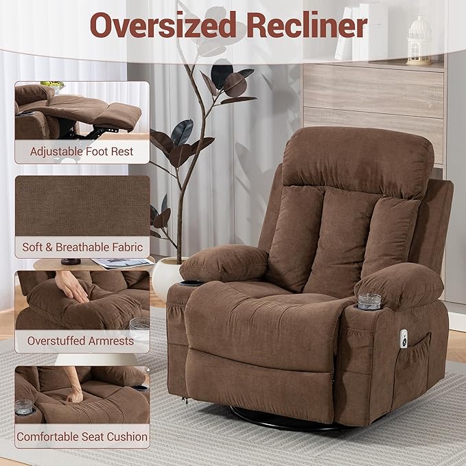 Recliner Chair for Adults with Vibration Massage and Lumbar Heating 360° Swivel Rocker Recliner Glider Chair with Cup Holder and USB Charge Port for Living Room Bedroom Brown