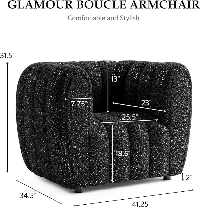 Furniture of America Glamour Contemporary Vertical Channel Tufted Boucle Accent Chair with Wooden Legs Fabric Upholstered Armchair for Living Room Bedroom Office Black