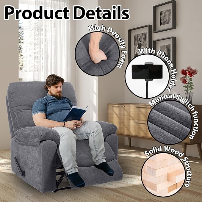 Manual Oversized Recliner Overstuffed Chairs Large Recliner High Weight Capacity Big and Tall Man Recliner for Heavy Duty 400lbs Adults for Living Room Bedroom Nursery RV Grey