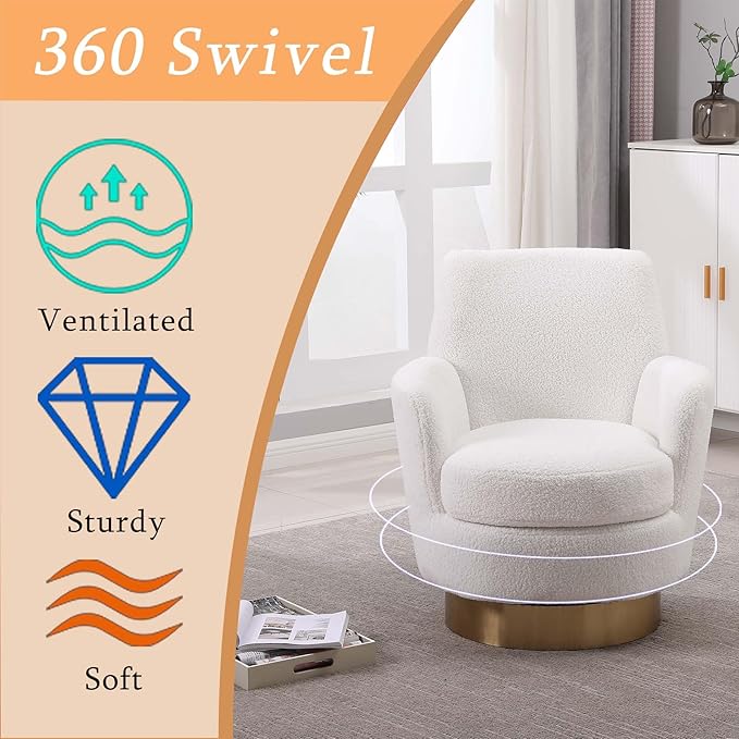 Teddy Swivel Accent Chairs for Living RoomComfy Swivel Barrel Chair with Foam Cushion Round Swivel Chair &amp Boucle Swivel Chair with High Back Round Armrest Gold Base (White)
