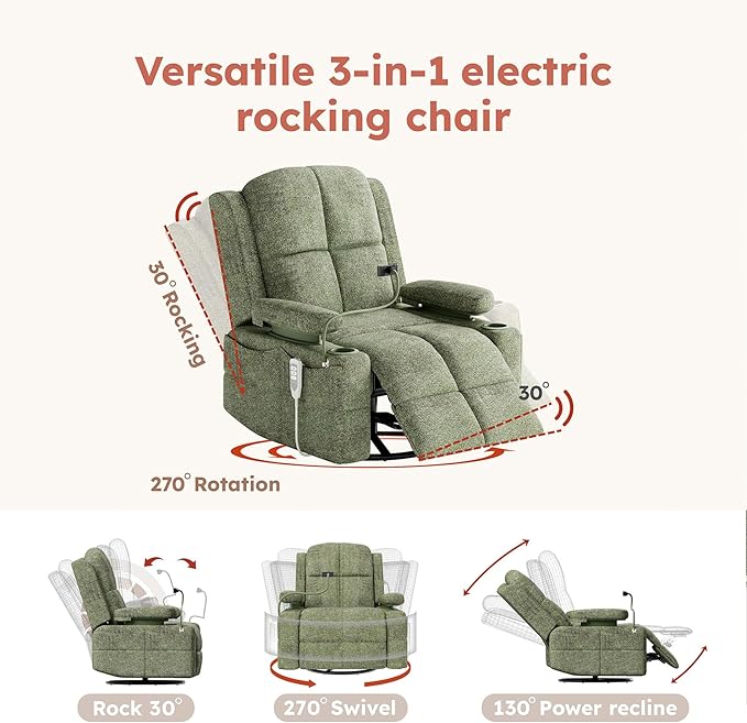 MAMAZING Triple Motor Power Swivel Rocker Recliner Chair with Adjustable Armrests for Adults FSC Certified Faux Leather Rocking Chair for Living Room Green