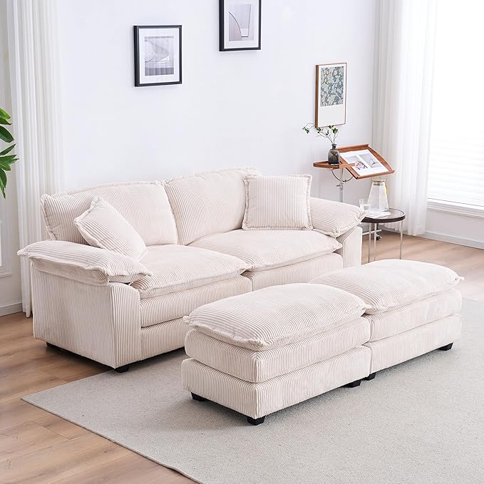 84.6” Corduroy Loveseat with Ottoman Oversized Double Chaise Lounge Chair Indoor Deep Seat Two Seater Couch Cloud Couch Modular Sectional Sofa for Living Room(Corduroy White)