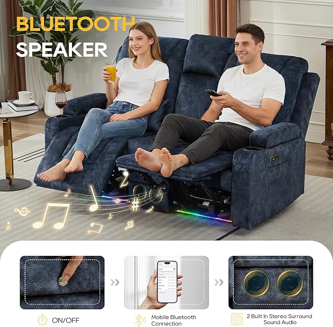 IPKIG Power Recliner Loveseat with Console Zero Wall Hugger Sofa Couch Velvet 2-Seater Sofa with LED Lights AC Outlets USB Ports Cup Holders Blue | Storage Drawer Bluetooth Speaker Living Room