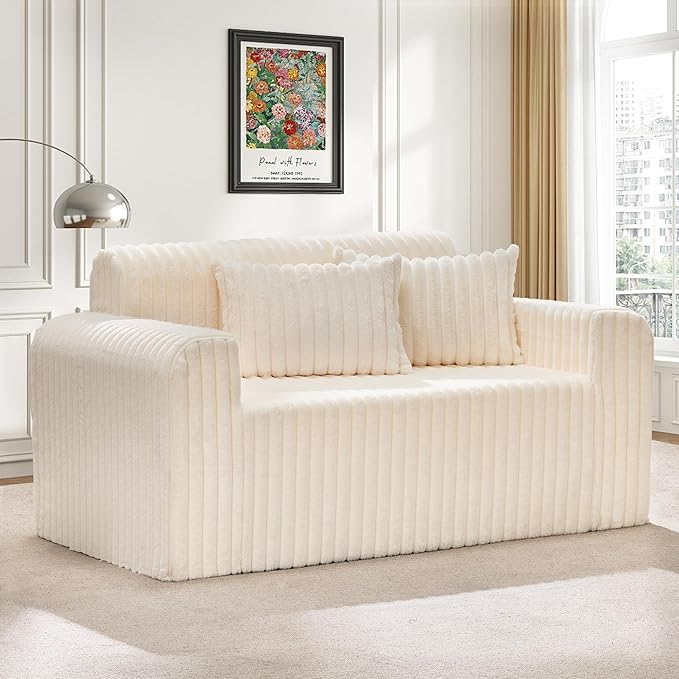 Hobestluk Couch Sofa 2-Seater Foam Sofa Loveseat for Small Spaces Comfy Sofas with Removable Cover Furry Couch with Pillows for Living Room Bedroom Apartment Office (White Loveseat)