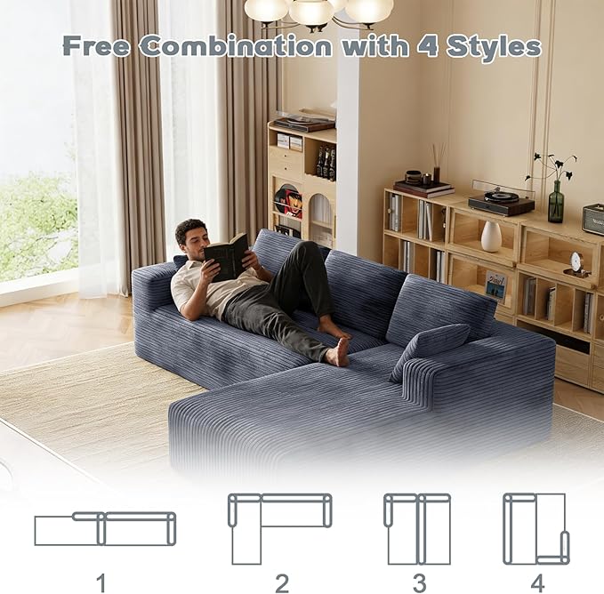 106 Corduroy Sectional Couch Boneless L Shaped Couch with Deep Seat Cloud Foam Sofa with Oversized Chaise Sectional Sofa No Assembly Needed for Living Room