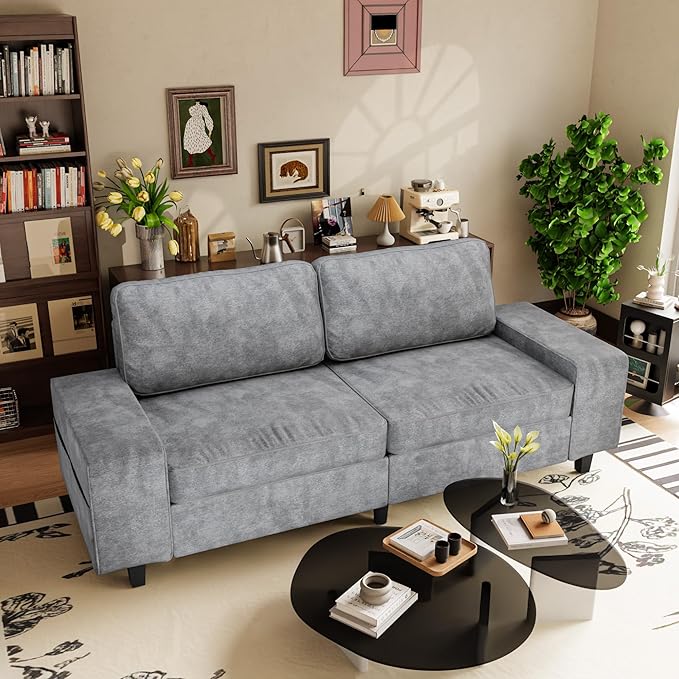 84 Chenille Loveseat Couch 3 Seater Retro Sofa with 4 Side Pockets Removable and Washable Cushions Mid Century Modern Living Room Bedroom Apartment (Light Grey)