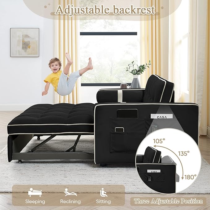3 in 1 Sleeper Sofa Couch Bed Small Tufted Velvet Convertible Loveseat Futon Sofa w/Pullout Bed Adjustable Backrest Cylinder Pillows for Living Room Apartment Easy to Assemble Black 55.5