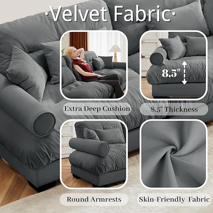 166 Modular Sectional SofaVelvet Upholstered Couches for Living Room4 Seater Grey Sofa Couch with Movable OttomanBig Comfy Cloud Couch with Deep Seats for Living RoomApartmentBedroom