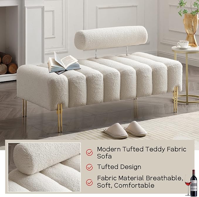 NIOIIKIT 53.2 Modern Loveseat Sofa Couch Upholstered Accent Sofa with Golden Legs and Adjustable Backrest Small Teddy Fleece Couches for Bedroom Living Room Compact Small Space (Beige Teddy)