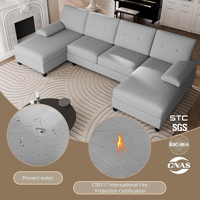 Nuturelly Nutually Sectional Couches for Living Room Convertible U-Shaped Sofa Couch with Double Chaise 4 Seat Sofa Set Modular Sofa Couch with Linen Fabric for Apartment Light Gray