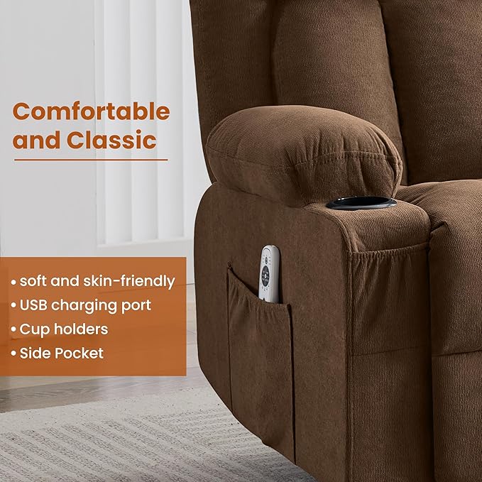Massage Recliner Chair with Vibration Massage and Lumbar Heating for Living Room Swivel Rocker Recliners Single Sofa with Side Pocket &amp 2 Cup Holders Soft Comfort Ergonomic Design (Brown)