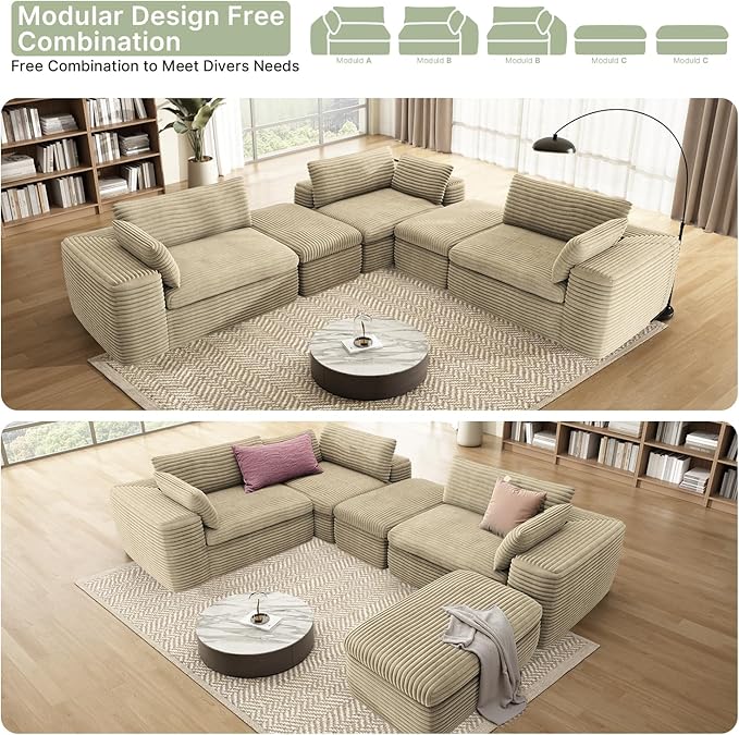 185'' Oversized Sectional Couches for Living Room Boneless Modular Sectional Sofa Plush Corduroy Cloud Couch with Ottoman U Shaped Sofa Bed No Assembly(Beige)