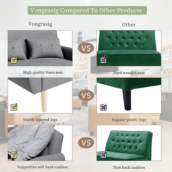 Vongrasig 47 Small Modern Loveseat Sofa Mid Century Linen Fabric 2-Seat Sofa Couch Tufted Love Seat with Back Cushions and Tapered Legs for Living Room Bedroom and Small Space (Light Gray)