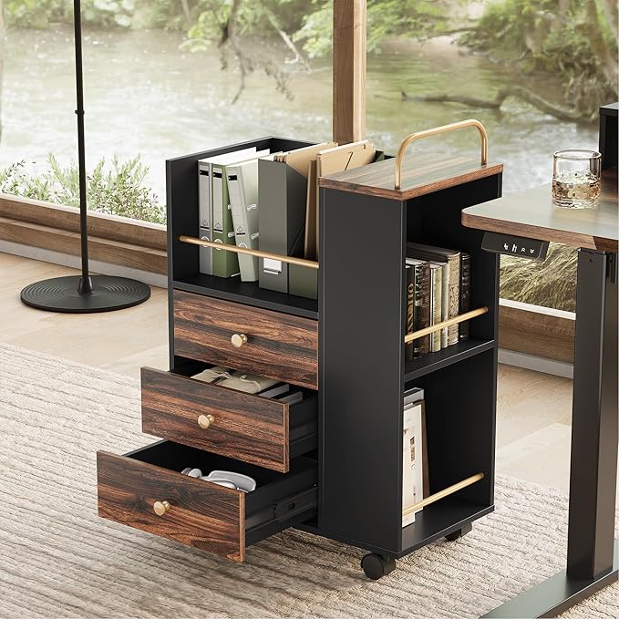 Mobile File Cabinet with 3 Drawers 20 Wood Lateral Filing Cabinet with Lockable Wheels Fit Letter/A4 Size or Home Office Utility Cart with Open Storage Shelf Black Walnut