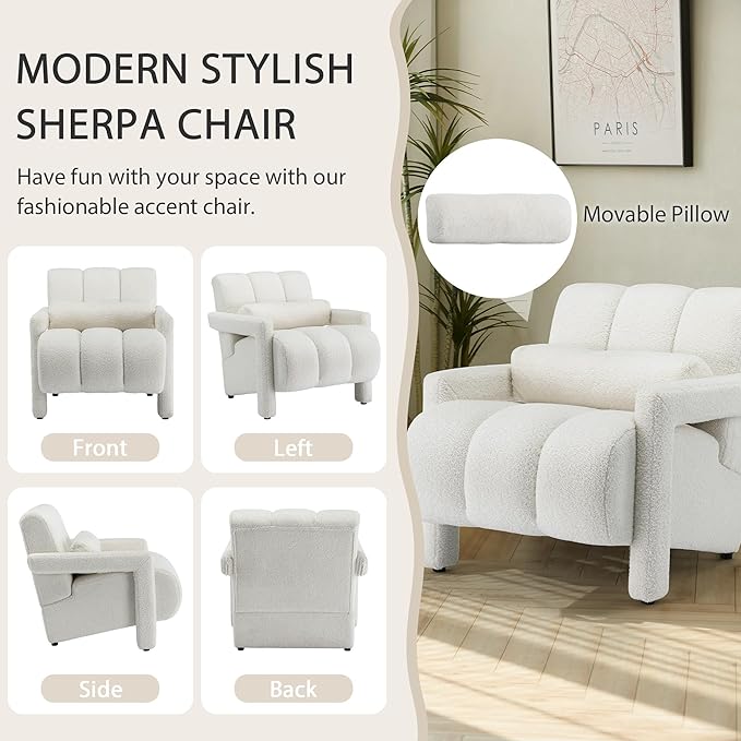 LOULENS Accent Chair Set of 2 Sherpa Cute Furry Fabric Teddy Chair with Thick Cushion and Pillow Single Sofa for Living Room Comfy Armchair for Bedroom Apartment Waiting Room Beige