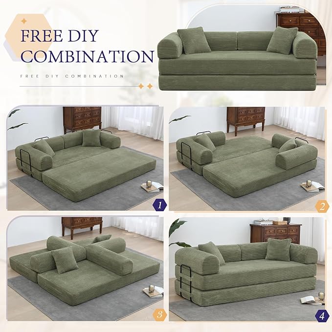 Convertible Folding Sofa Bed Corduroy Sleeper Mattress Couch with Fixed-Shape Frame Free Combination Loveseat Lounge Floor Sofa Queen Size Memory Foam Couch for Living Room Bedroom Light Green