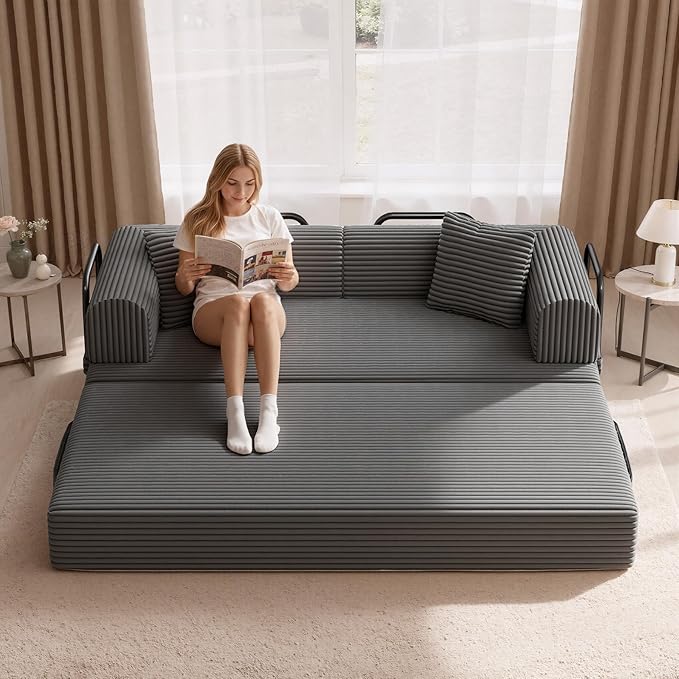 Convertible Coarser Corduroy Sleeper Sofa Bed with Cylindrical Pillow Folding Mattress Couch with Fixed-Shape Frame Floor Sofa Lounge Couch for Living Room Bedroom Lounge Studio Dark Grey