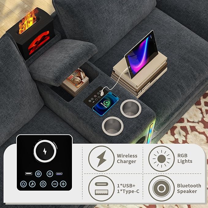 Modular Sectional Sofa 6 Seat U Shaped Couch Smart Module-Bluetooth Speaker/RGB Light/Humidifier/Charging Station Chenille Sectional Couches for Living Room with 2 Movable Ottomans (Dark Grey)