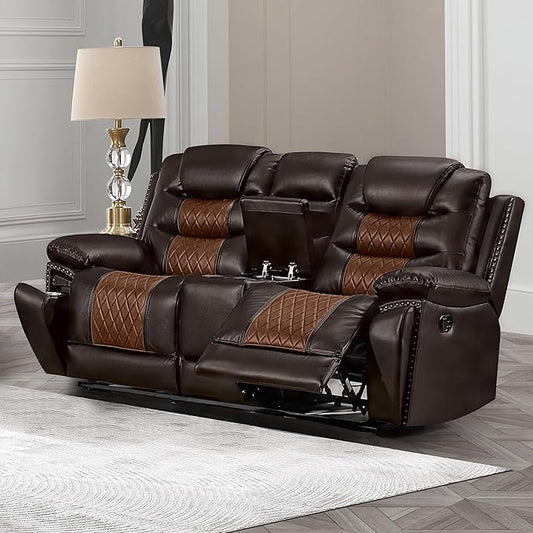New Classic Furniture Nikko Faux Leather Manual Console Loveseat with Dual Recliners Brown