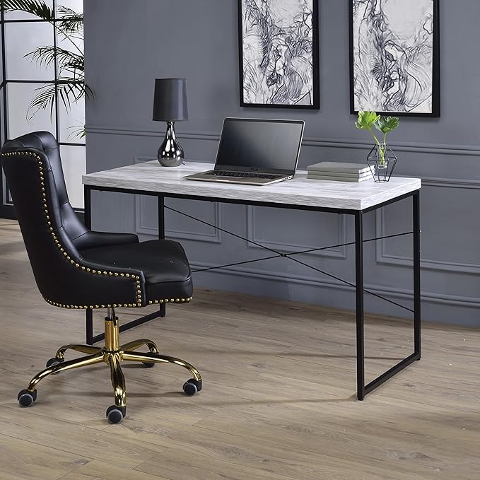 Antique White and Black Writing Desk with Metal Sled Base Workstation Computer Desk for Study and Home Office