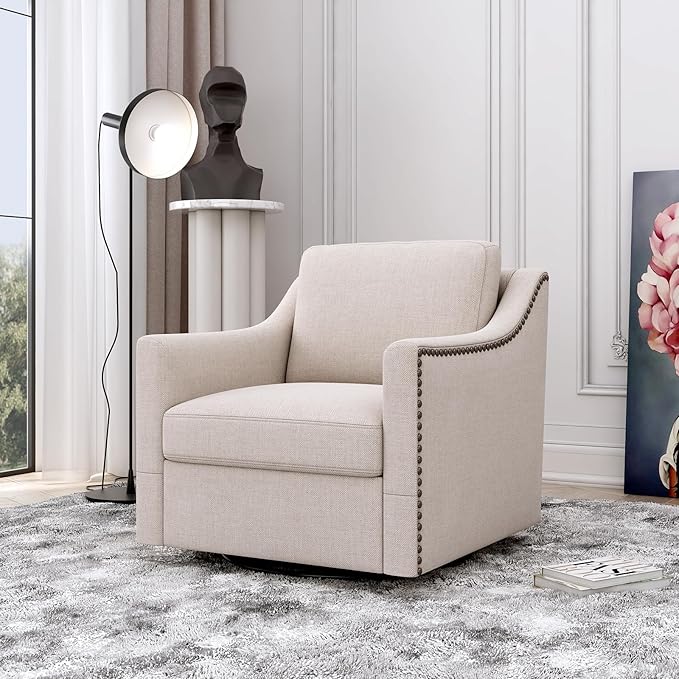 360 Degree Swivel Accent ChairUpholstered Armchair with Brass Nail DecorativeOversized Modern Comfy Reading ChairsCotton Linen Single Sofa Chair for Living RoomBedroom (White)