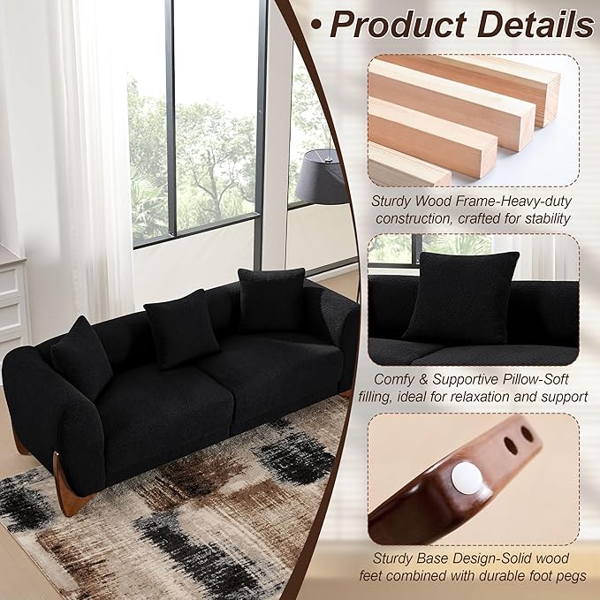 87 Sherpa Boucle Cloud Couch Modern 3 Seater Sofa with Solid Wood Legs 25 Extra Deep Seat Comfy Thick Cushion Upholstered Sofa Couches with 3 Pillows for Living Room Black