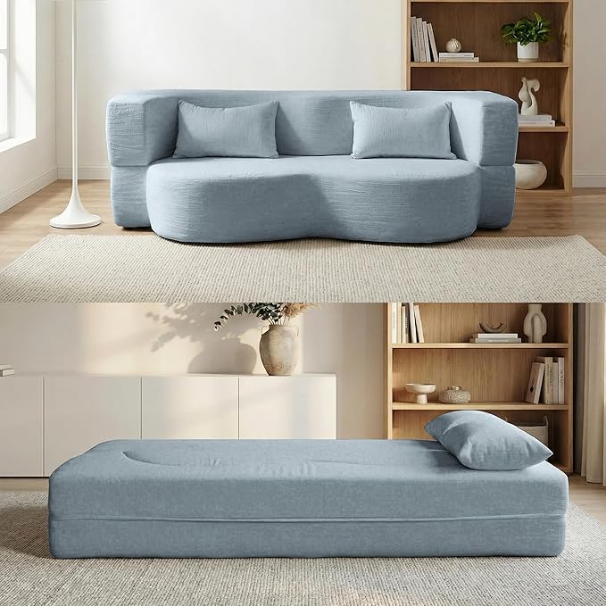Convertible Sofa Bed 78'' Queen Size Folding Sleeper Sofa with Pillow 2-in-1 Teddy Fabric Boneless Loveseat Floor Couch &amp Mattress for Living Room Guest Room No Assembly Required (Blue)