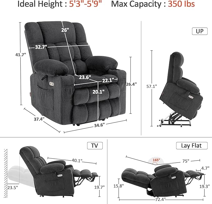 MCombo Dual Motor Power Lift Recliner Chair with Massage and Heat for Elderly People Infinite Position USB Ports Cup Holders Fabric 7890 (Medium Dark Gray)