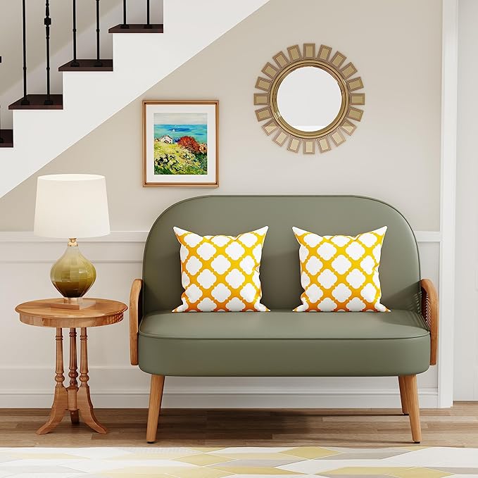 Aklaus 45 W Faux Leather Small loveseat with Natural Rattan ArmsUpholstered Modern Mini Sofa Couch Love Seat Settee Bench with Back for Living Room Bedroom Office Small Space Entryway Green
