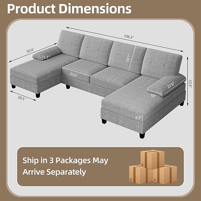 Walsunny Sectional Couches for Living Room Convertible U-Shaped Sofa Couch with Double Chaise 4 Seat Sofa Set Modular Sectional Sofa for Living Room Apartment Bedroom Grey