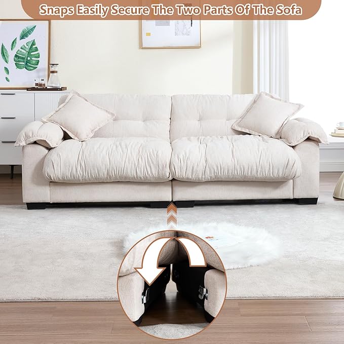 KIVENJAJA 90.5”W Oversized Cloud Loveseat Sofa Modern Chenille Tufted Deep Seat Sectional Couch Overstuffed Comfy Love seat with Pillows for Living Room Apartment Small Space Beige