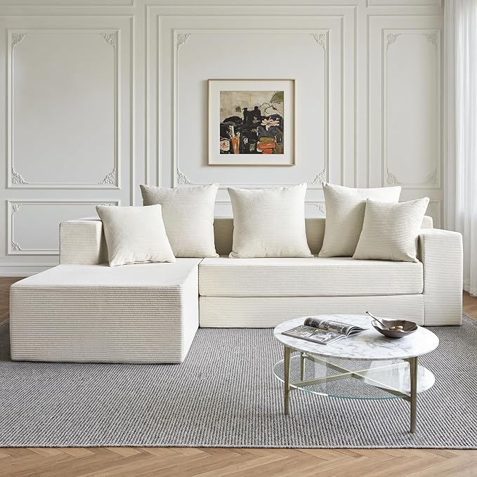 YINIX 106 Modular Sectional Sofa Modern Cloud Couch with L-Shape Chaise Upholstered Boneless Couches with Deep Seat Comfy Corduroy Sofa for Living Room Bedroom No Assembly (Beige)