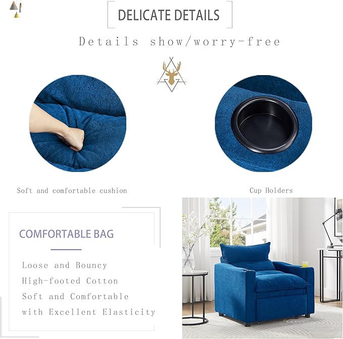 KEIKI Convertible Sleeping Sofa Bed Velvet Pullout Sofa Multi-Functional 3 in 1 Recliner Chair with Adjustable Back for Apartment Living Room Blue