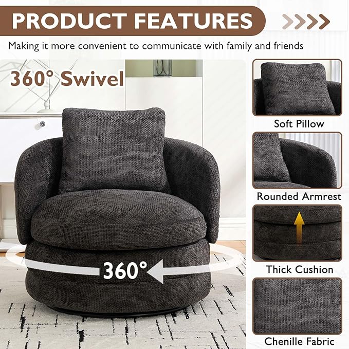 Swivel Accent Chairs 360° Round Swivel Barrel Chair with Pillow for Reading Room Bedroom Dark Grey Chenille Armchair Single Club Chair for Living Room (Dark Grey)