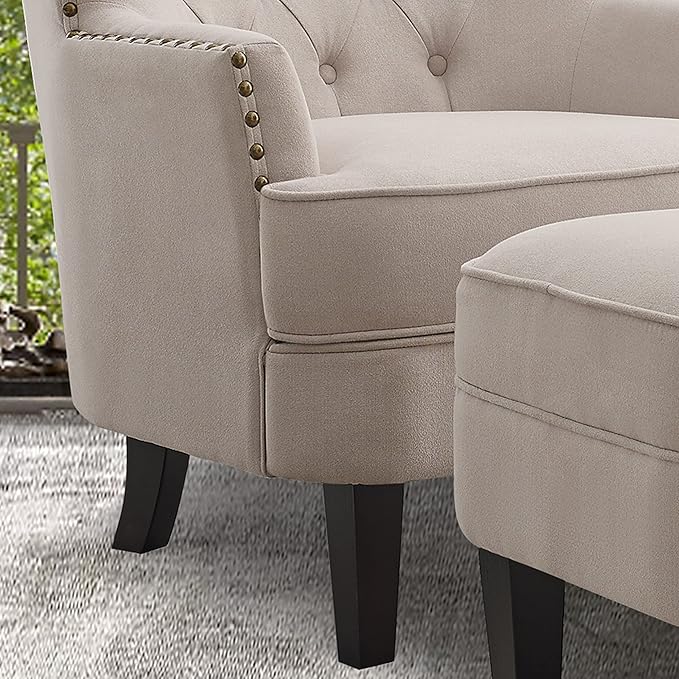 Rosevera Sausalito Accent Chairs for Living Room Furniture Reading Chair Arm Chairs Comfy Chair Small Accent Chairs for Bedroom Chair+Ottoman Velvet Peral Beige with Ottoman
