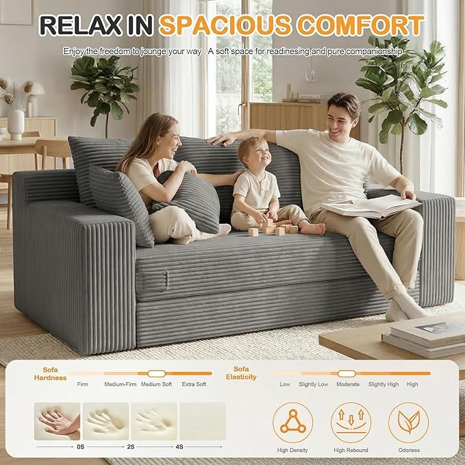 Oversize Loveseat Boneless Convertible Sofa Bed Folding Floor Futon Sleeper Sofa Queen Size Couch Bed- Boneless Foldable Couch Corduroy Pull Out Sofa Bed with 5 Pillows for Living Room &amp Bedroom
